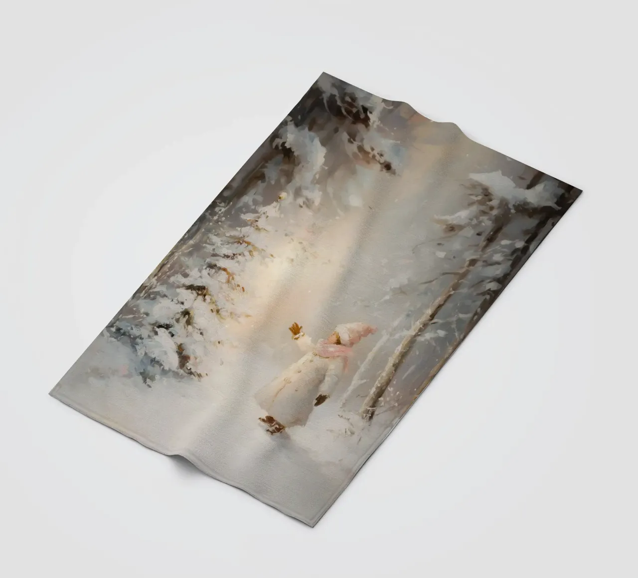 Kind greift nach schneebedecktem Baum im Winterwald Fleecedecke von Melloi Art Print