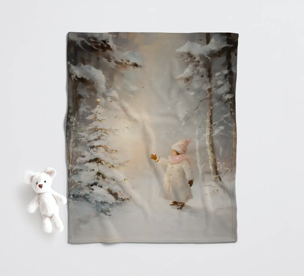 Kind greift nach schneebedecktem Baum im Winterwald Fleecedecke von Melloi Art Print