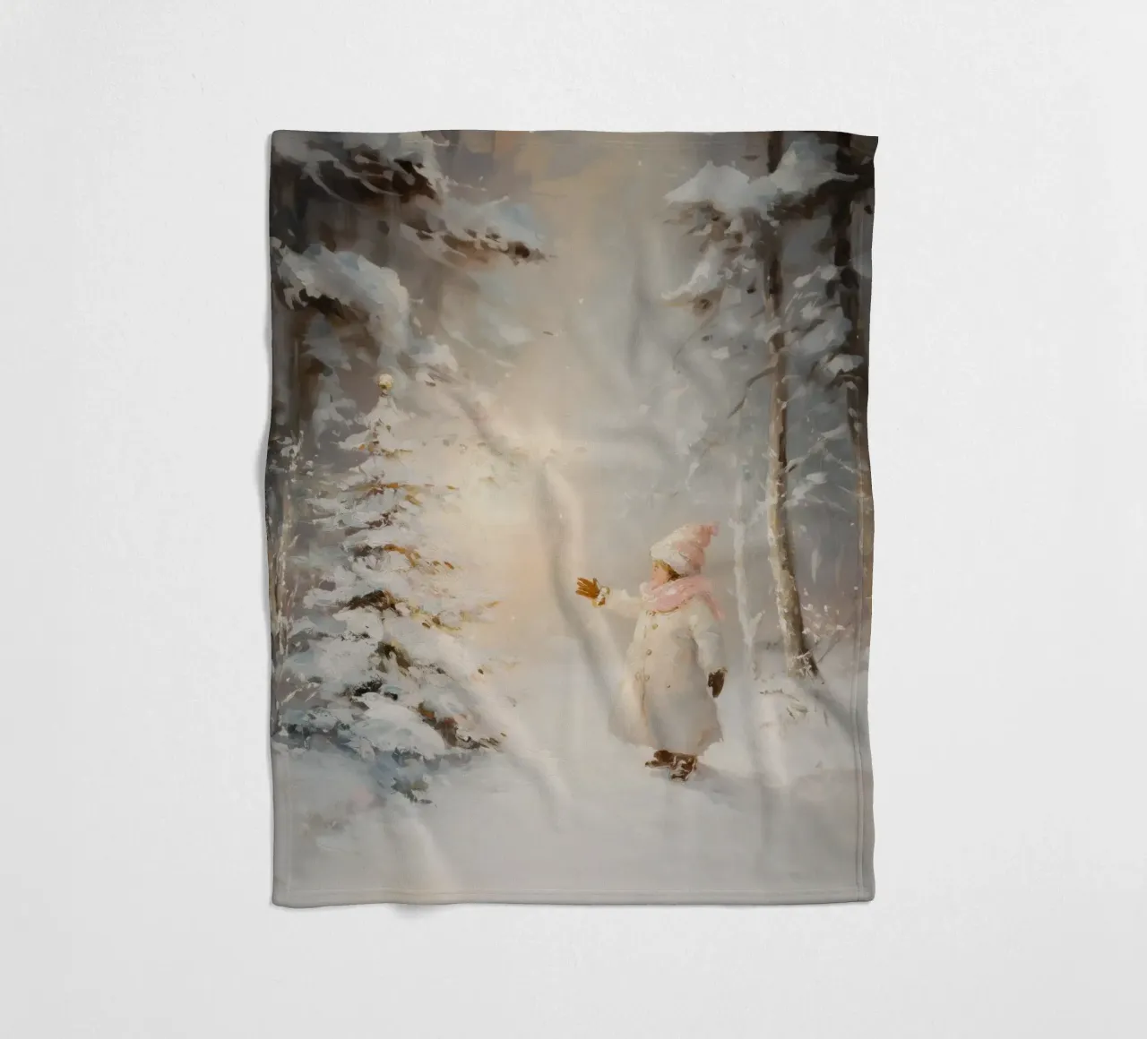 Kind greift nach schneebedecktem Baum im Winterwald Fleecedecke von Melloi Art Print