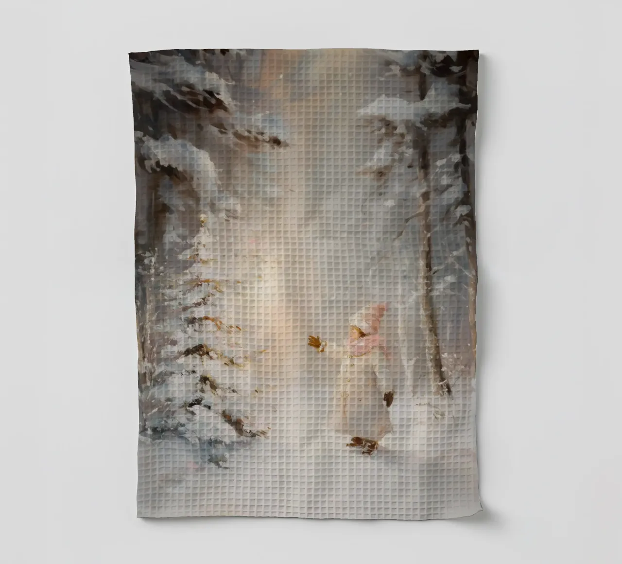Enfant atteignant un arbre recouvert de neige dans une forêt d'hiver torchon de Melloi Art Print