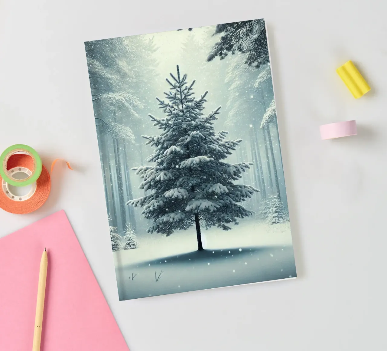 Albero coperto di neve in un tranquillo paesaggio innevato diario da Christmas Shop