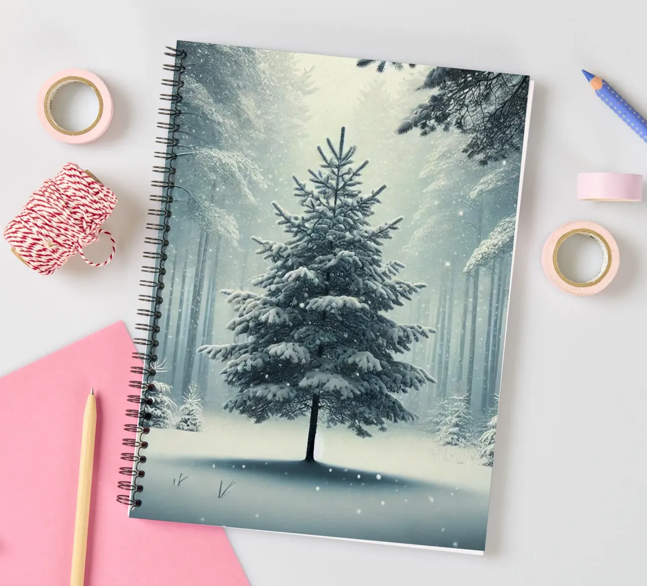 Albero coperto di neve in un tranquillo paesaggio innevato diario ad anelli da Christmas Shop