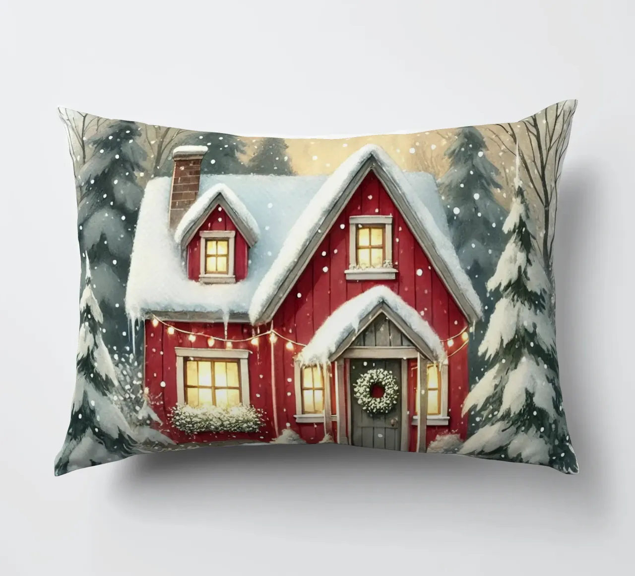 Accogliente casa rossa in un paesaggio invernale innevato cuscino da Christmas Shop