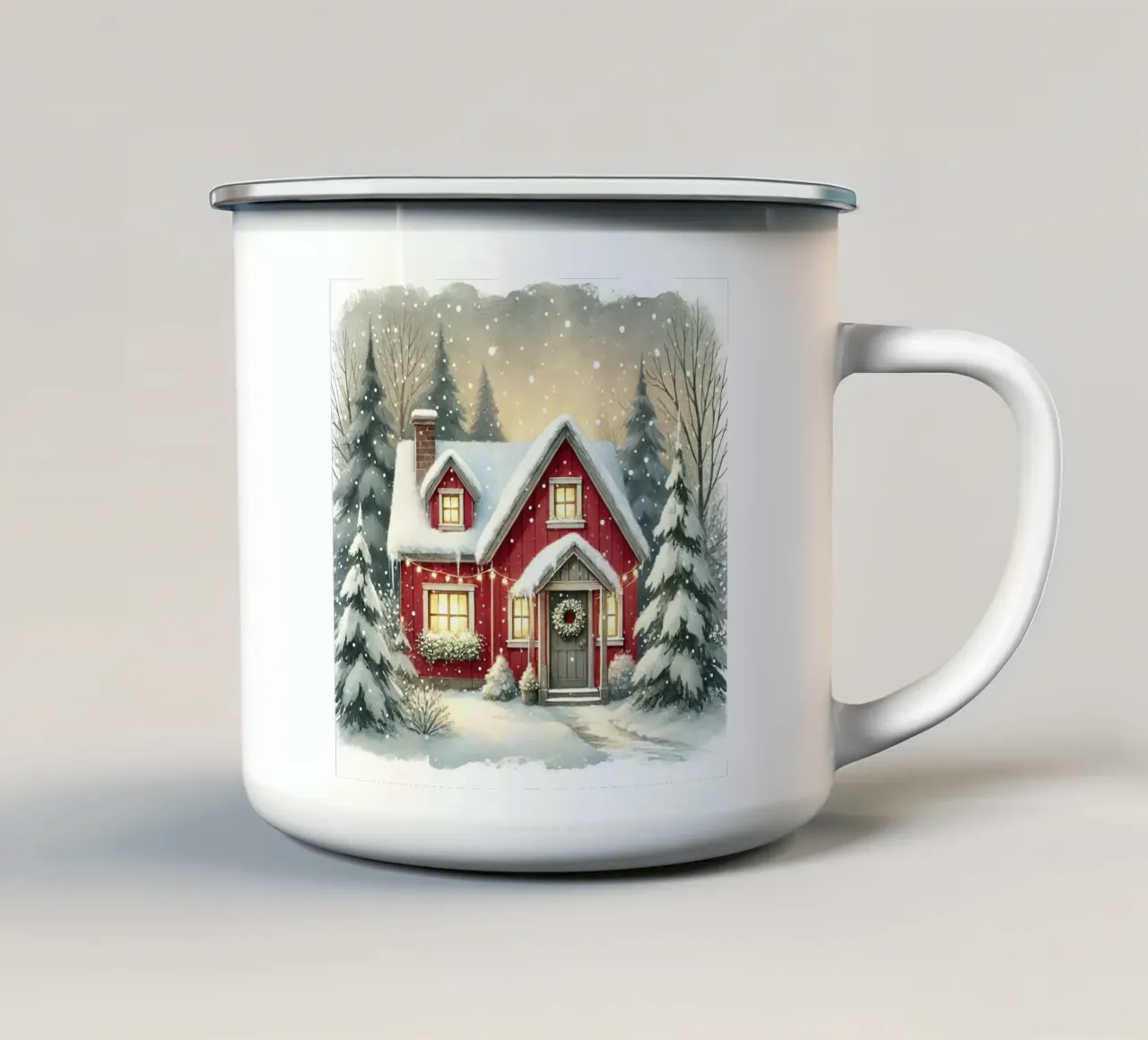 Accogliente casa rossa in un paesaggio invernale innevato tazza in smalto da Christmas Shop