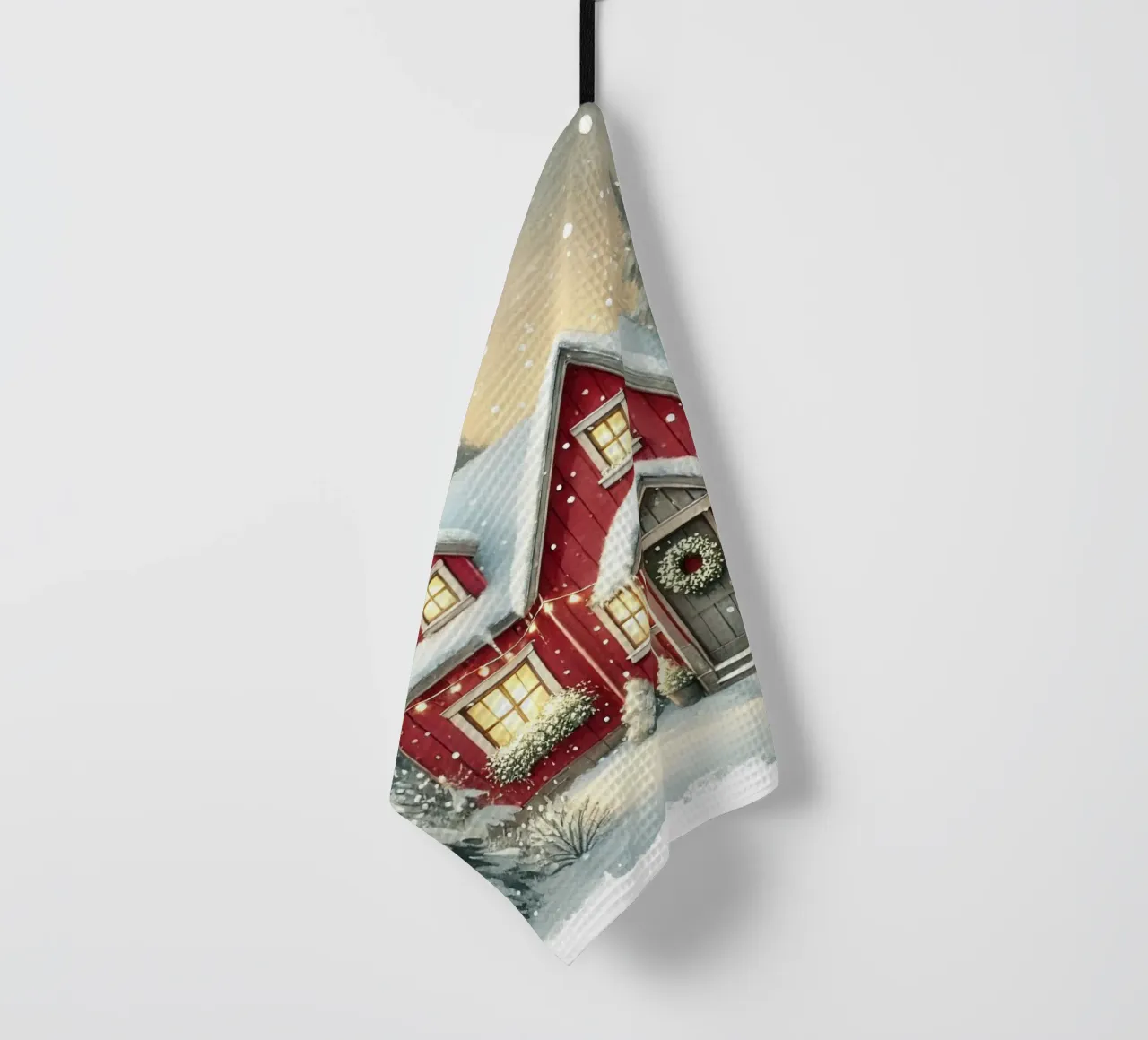 Accogliente casa rossa in un paesaggio invernale innevato canovaccio da cucina da Christmas Shop