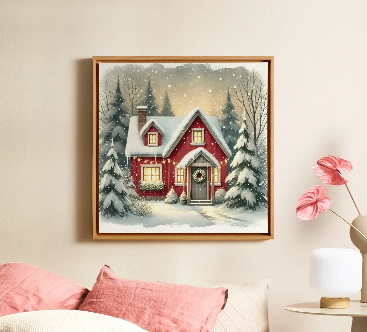 Gezellig rood huis in een besneeuwd winterlandschap canvas met Baklijst van Christmas Shop