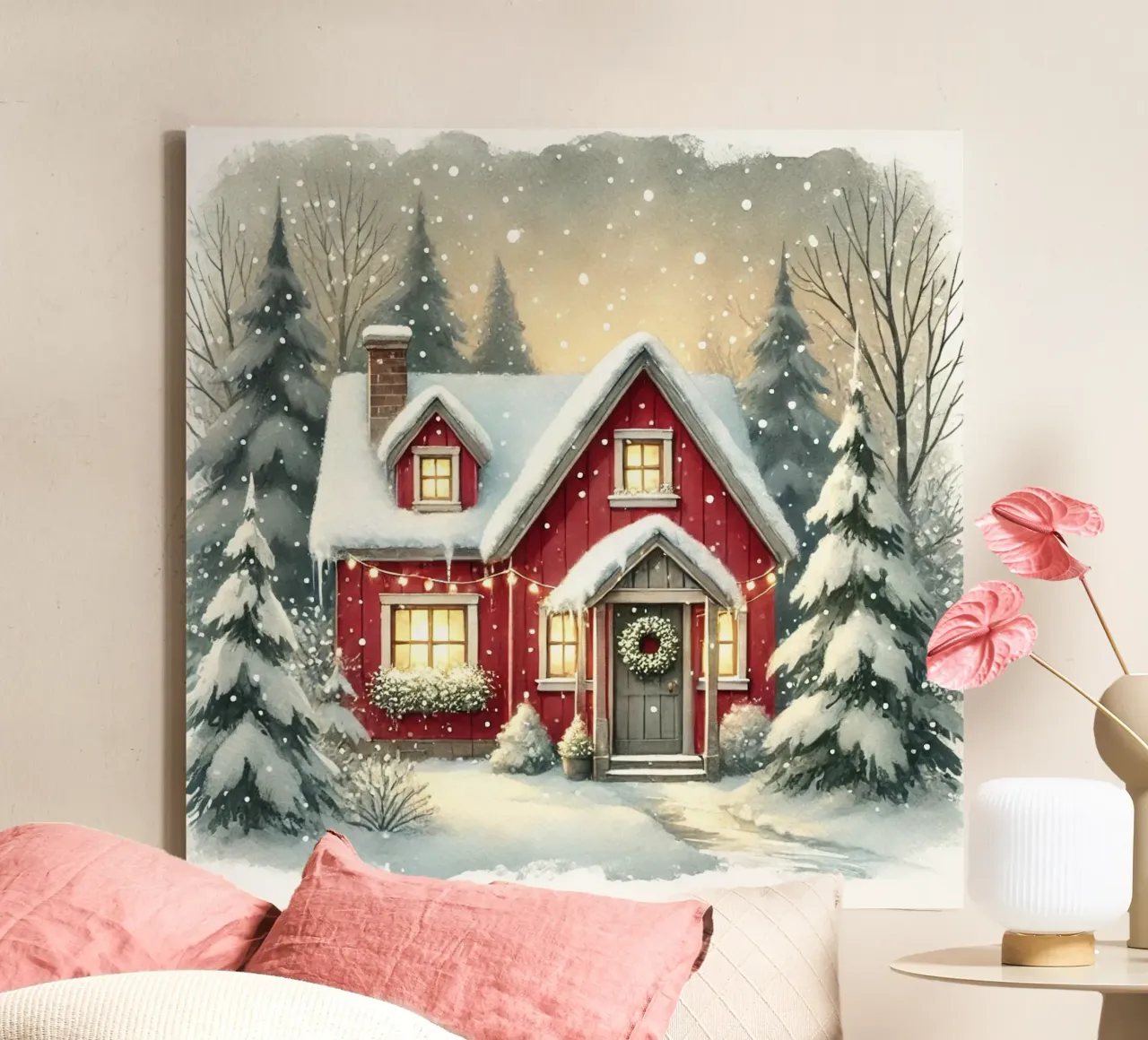 Gezellig rood huis in een besneeuwd winterlandschap canvas met Baklijst van Christmas Shop