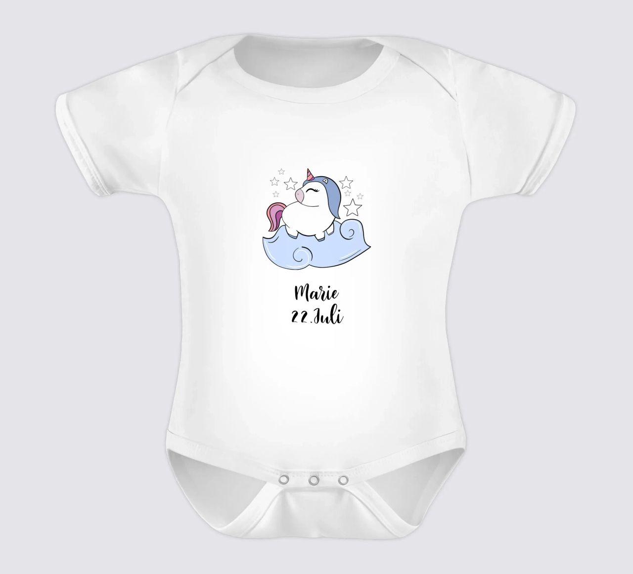 Einhorn mit Name und Geburtstag body neonato maniche corte da BAINAI KIDS