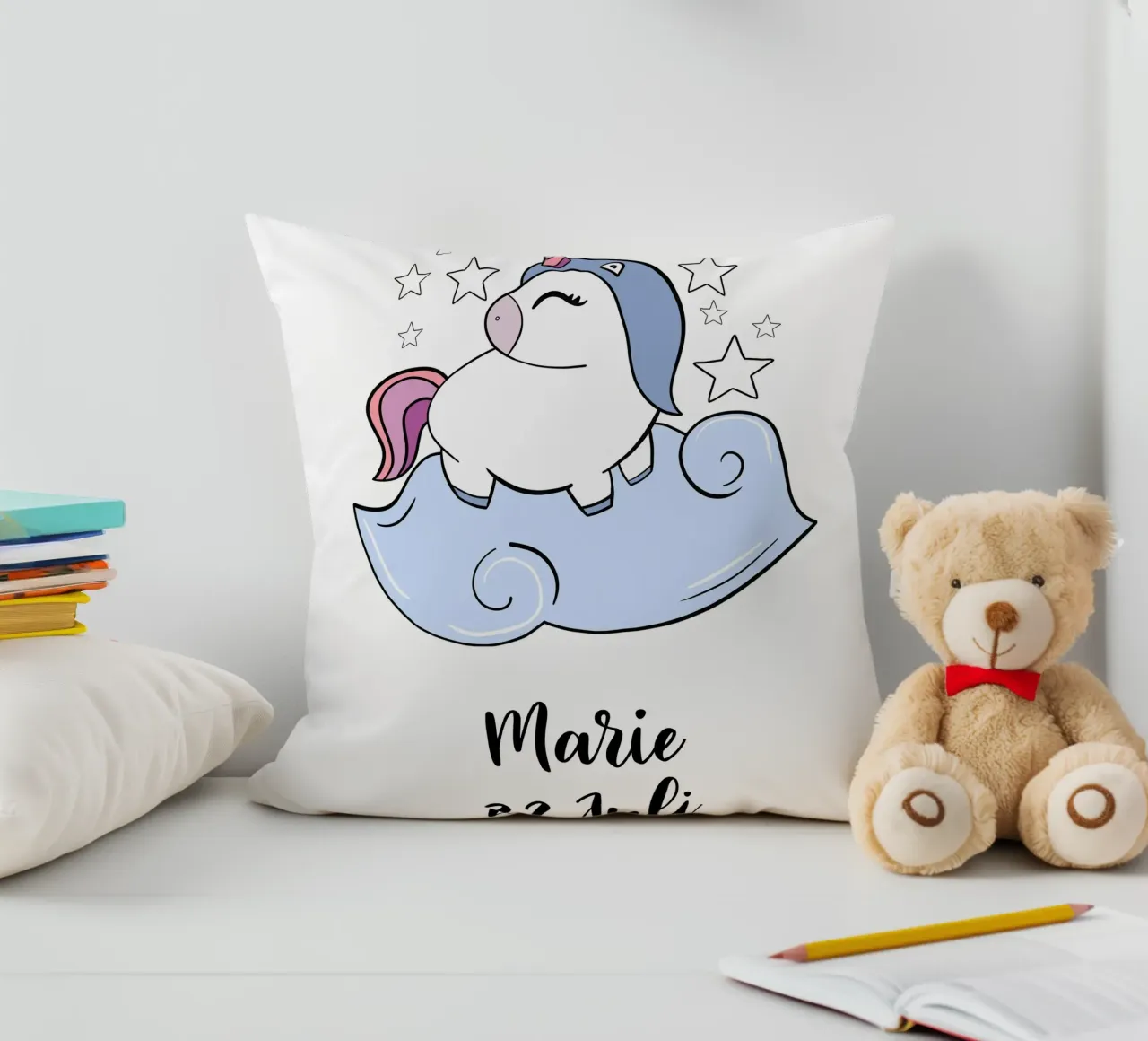 Einhorn mit Name und Geburtstag cuscino da BAINAI KIDS