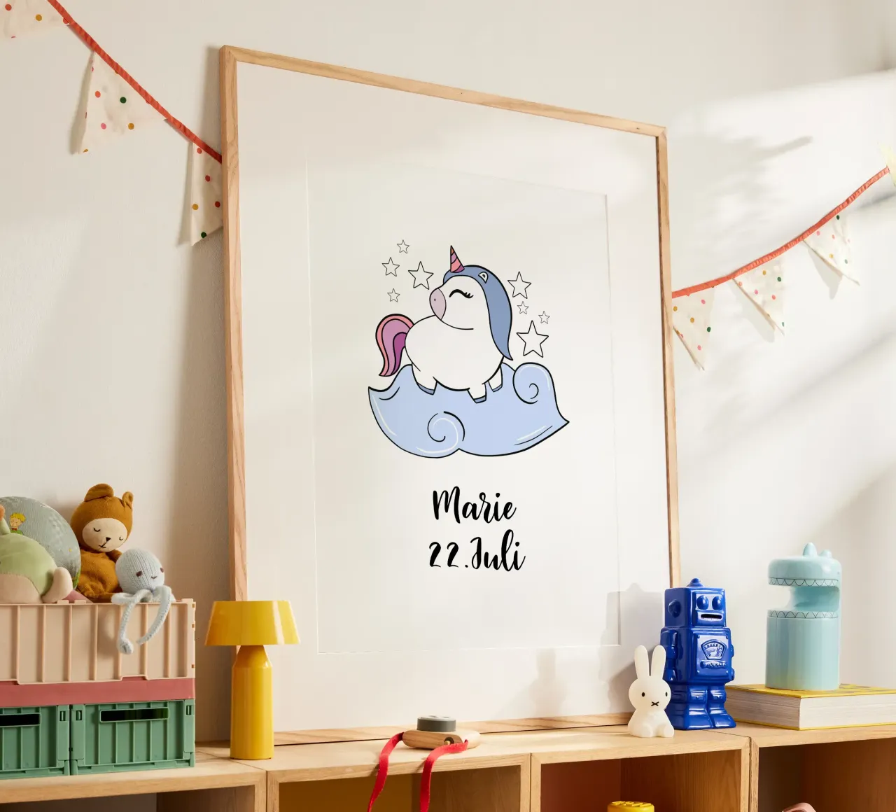 Einhorn mit Name und Geburtstag poster con telaio in legno da BAINAI KIDS