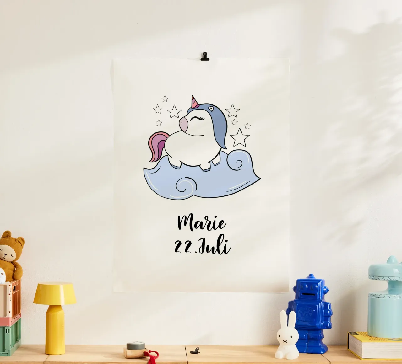 Einhorn mit Name und Geburtstag poster con telaio in legno da BAINAI KIDS