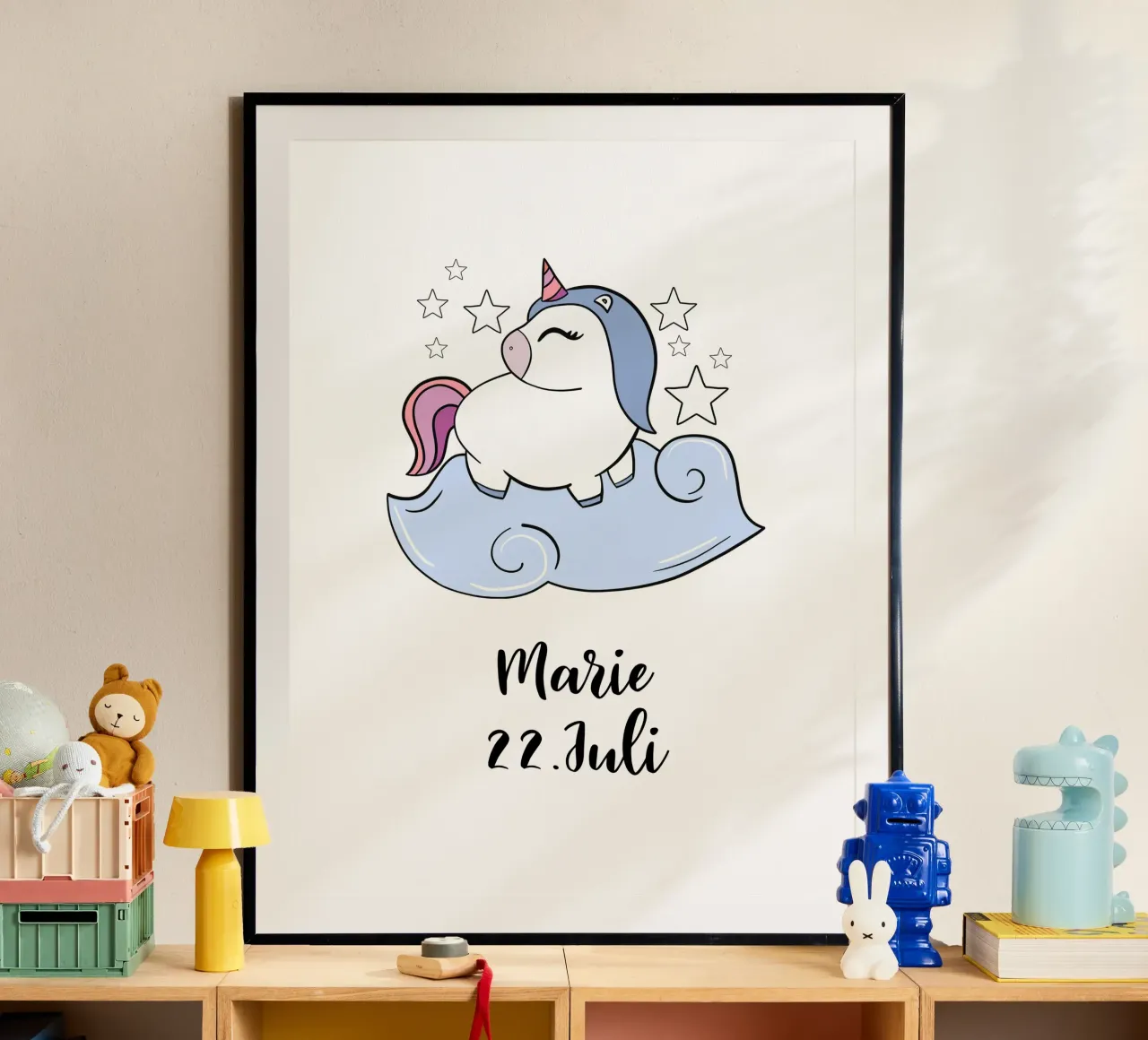 Einhorn mit Name und Geburtstag poster con telaio in legno da BAINAI KIDS