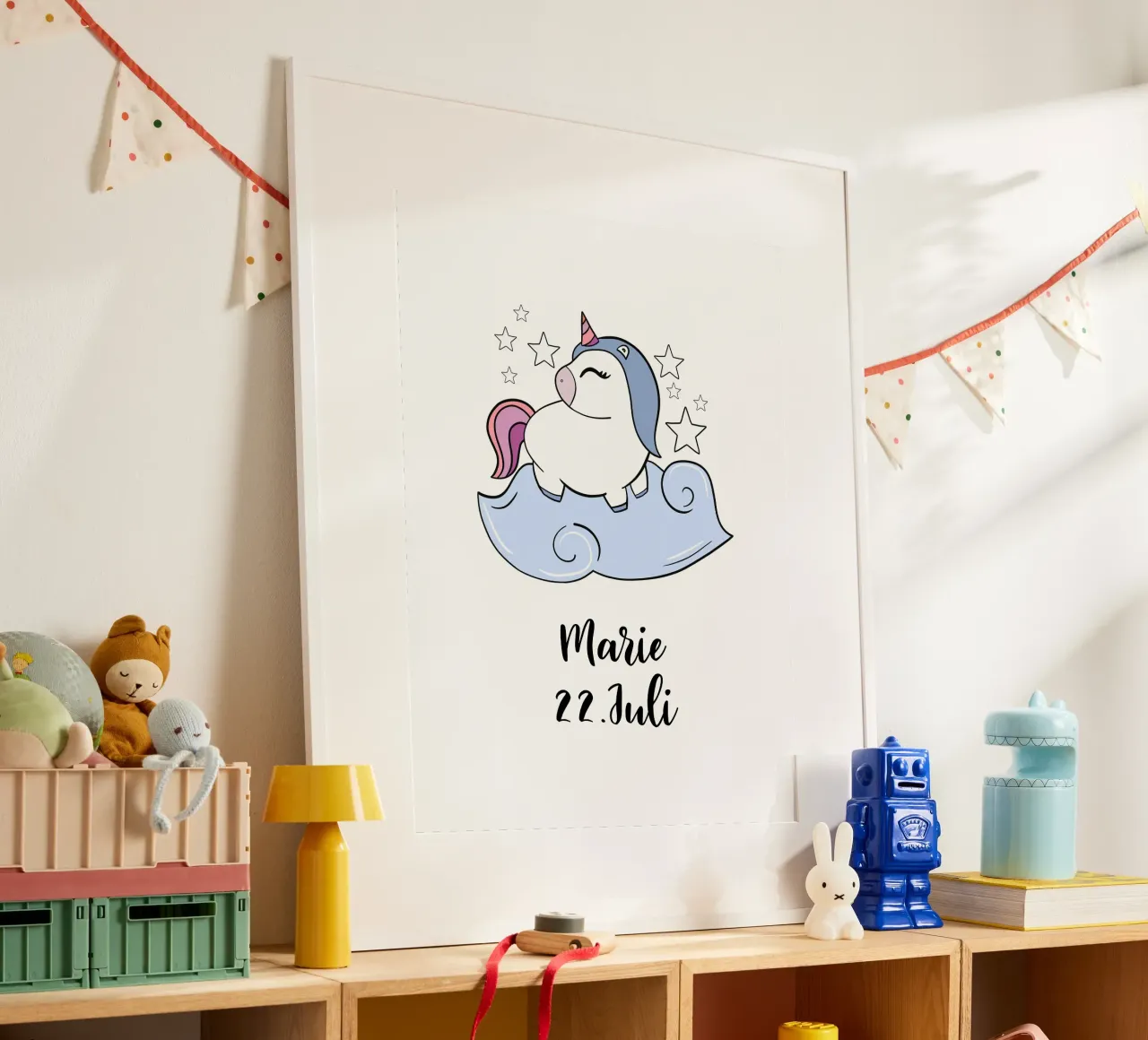 Einhorn mit Name und Geburtstag poster con telaio in legno da BAINAI KIDS