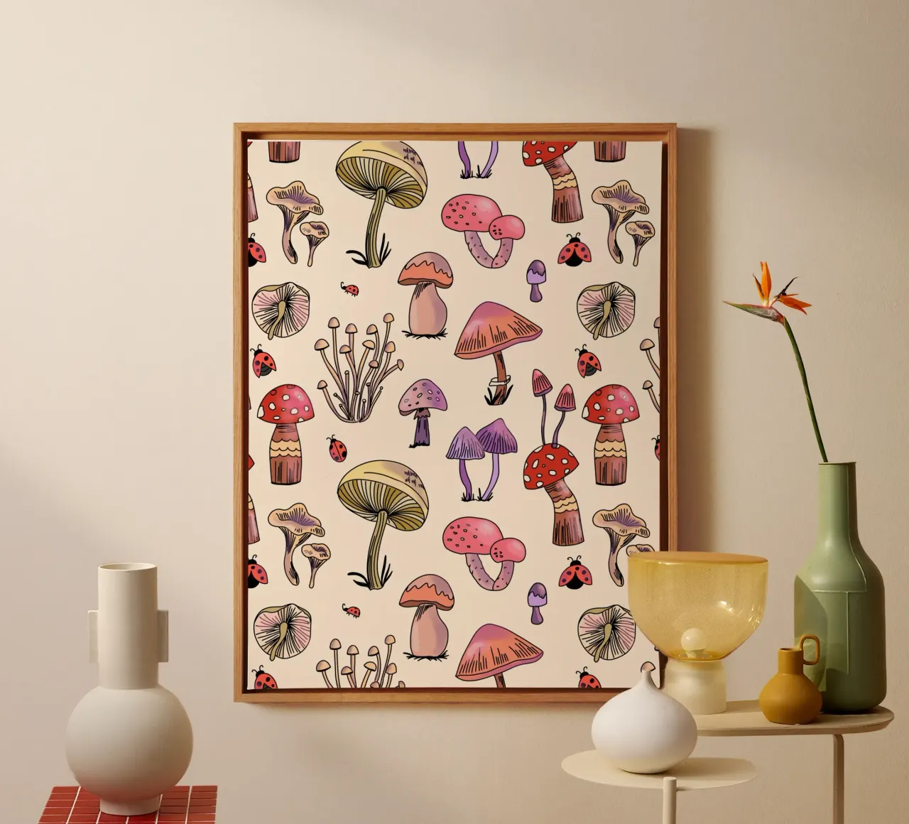 Cute Mushrooms Pattern canvas with Floater frame by anisillustration