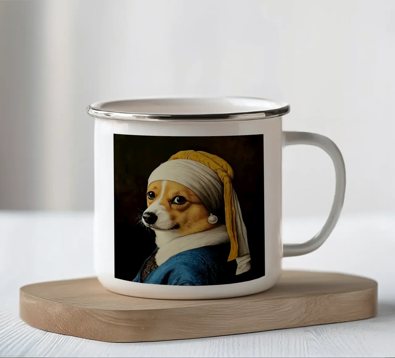 Il Corgi con l'orecchino di perla tazza in smalto da Modern Muse