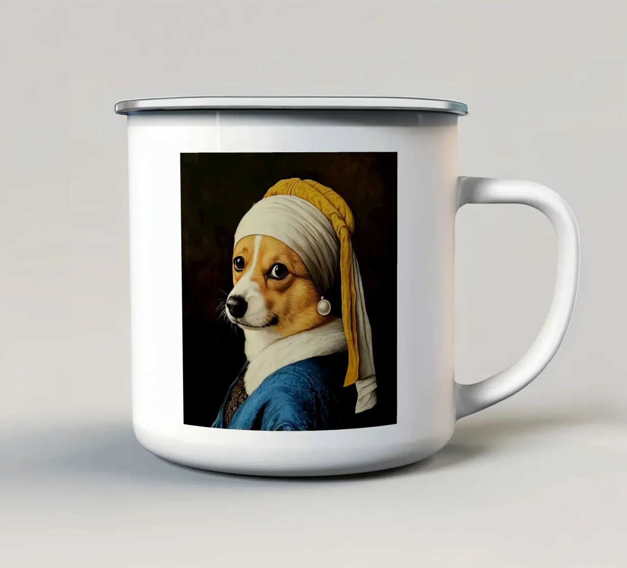 Il Corgi con l'orecchino di perla tazza in smalto da Modern Muse