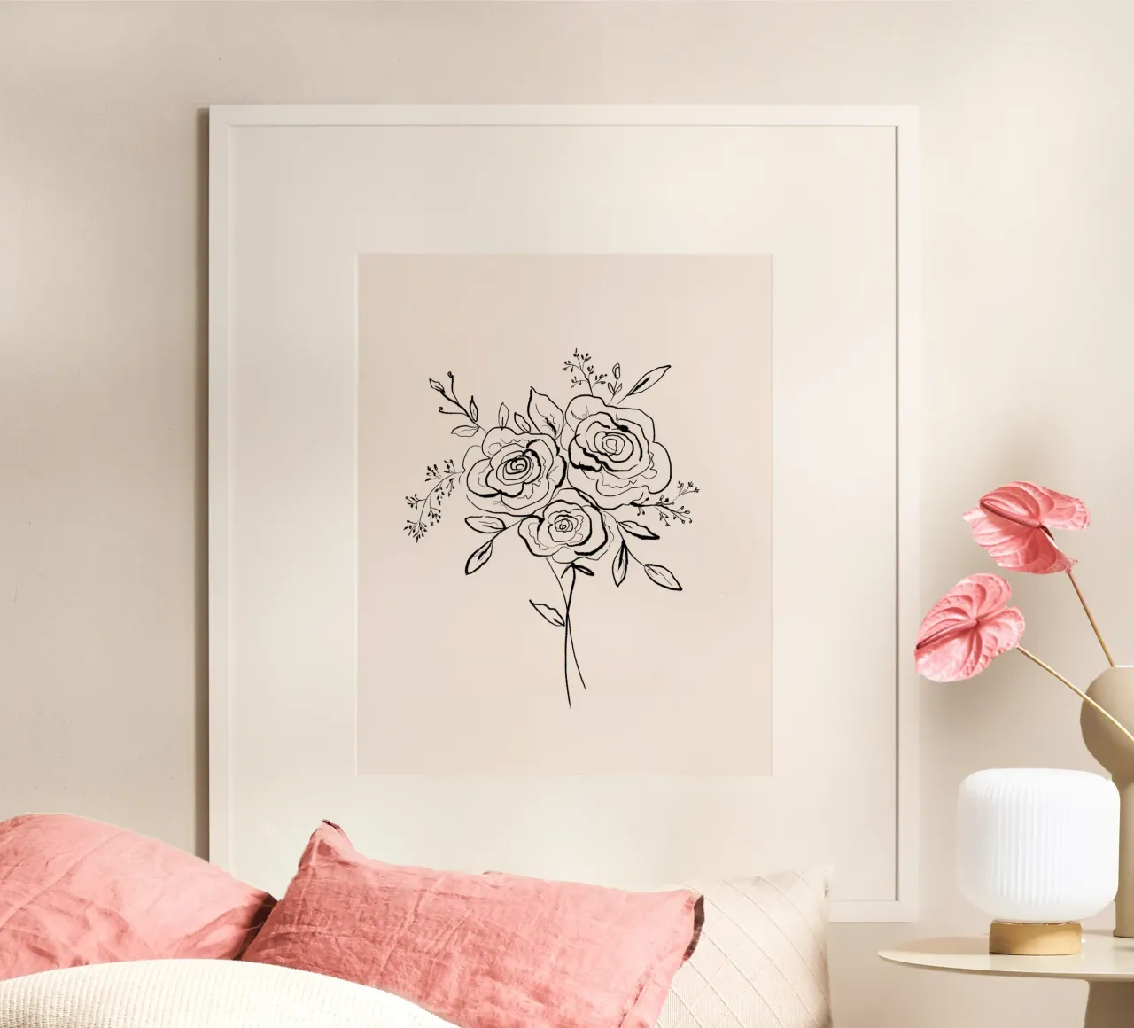 Line Art Roses Bouquet poster con telaio in legno da anisillustration