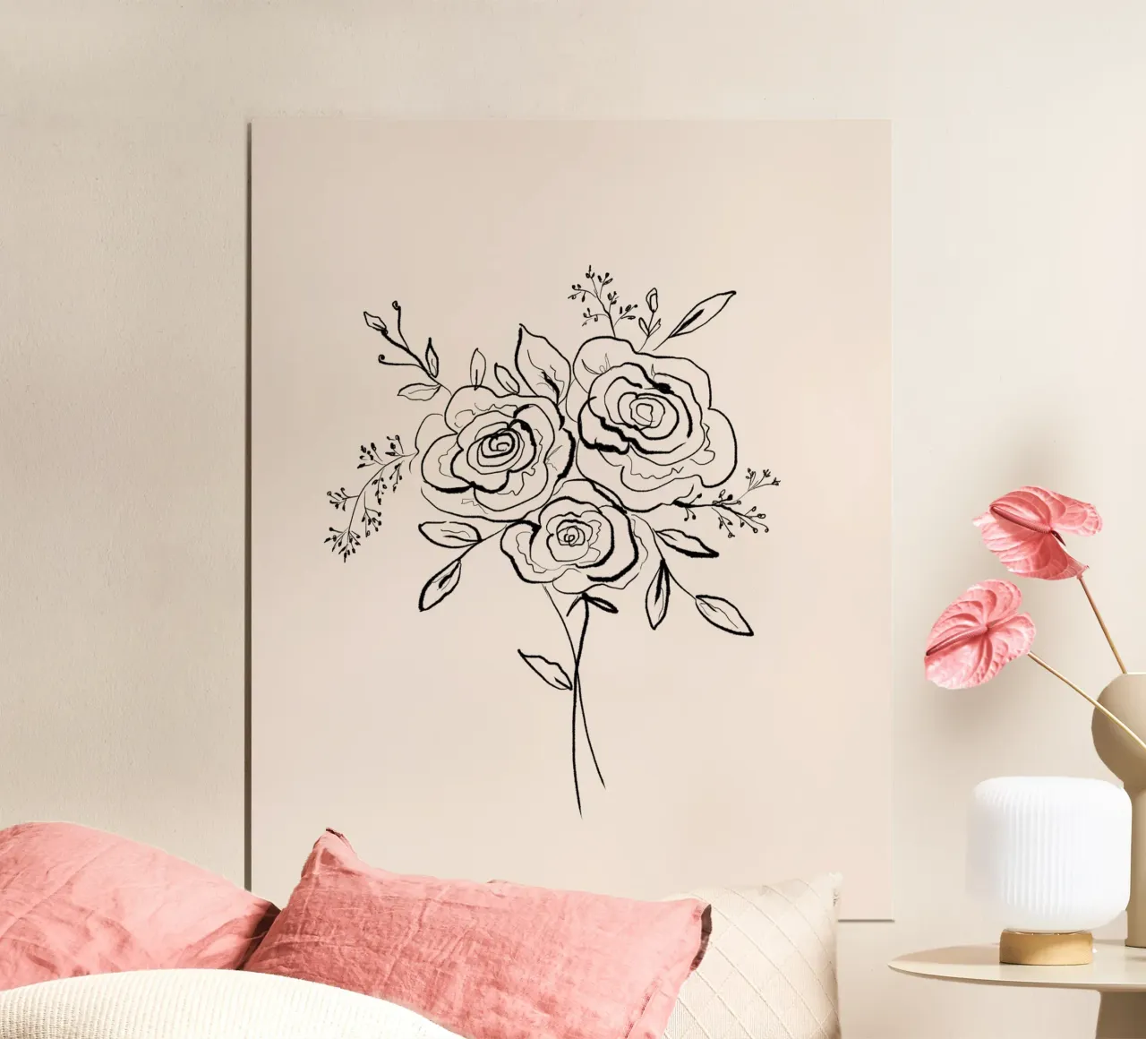 Line Art Roses Bouquet poster con telaio in legno da anisillustration