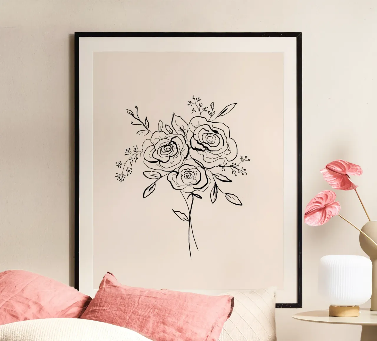 Line Art Roses Bouquet poster con telaio in legno da anisillustration