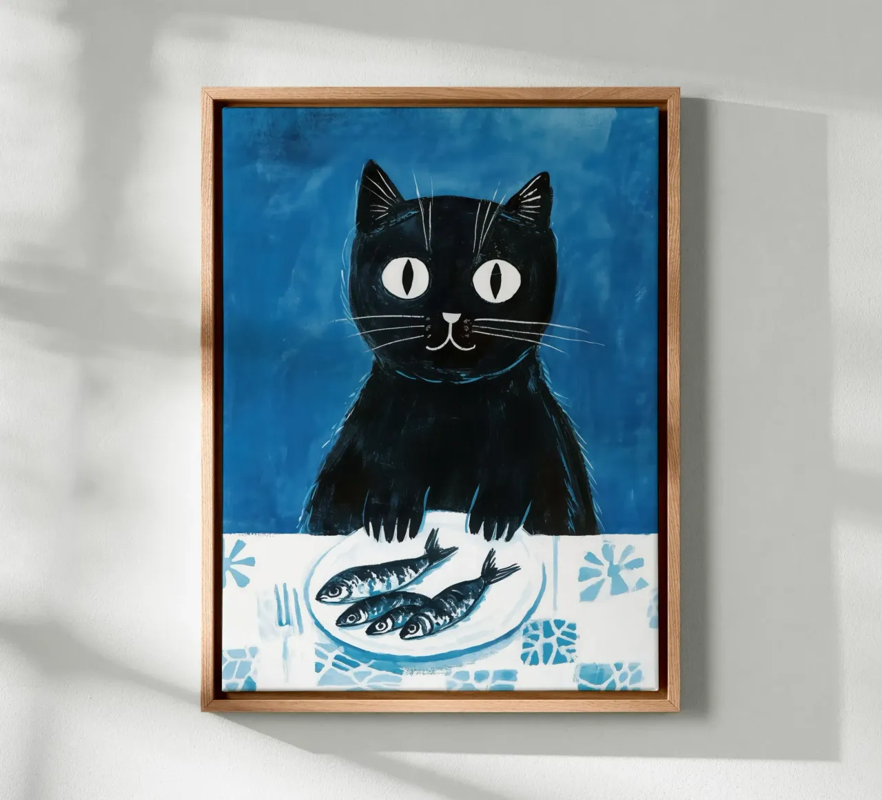 Cat with sardines | Maritime painting in blue canvas with Floater frame by Autofocus