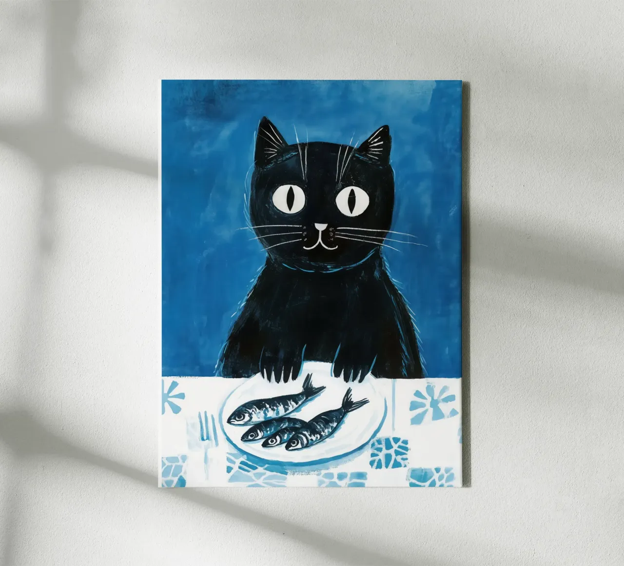 Cat with sardines | Maritime painting in blue canvas with Floater frame by Autofocus