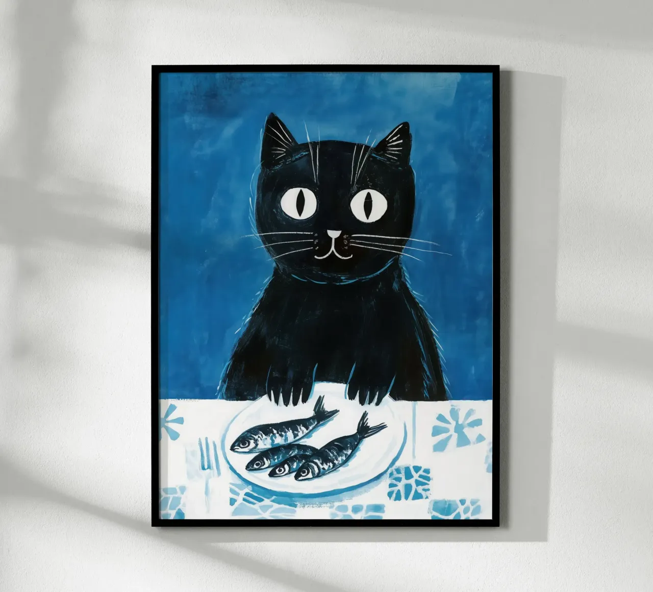 Gatto con sardine | Pittura marittima in blu poster con telaio in alluminio da Autofocus
