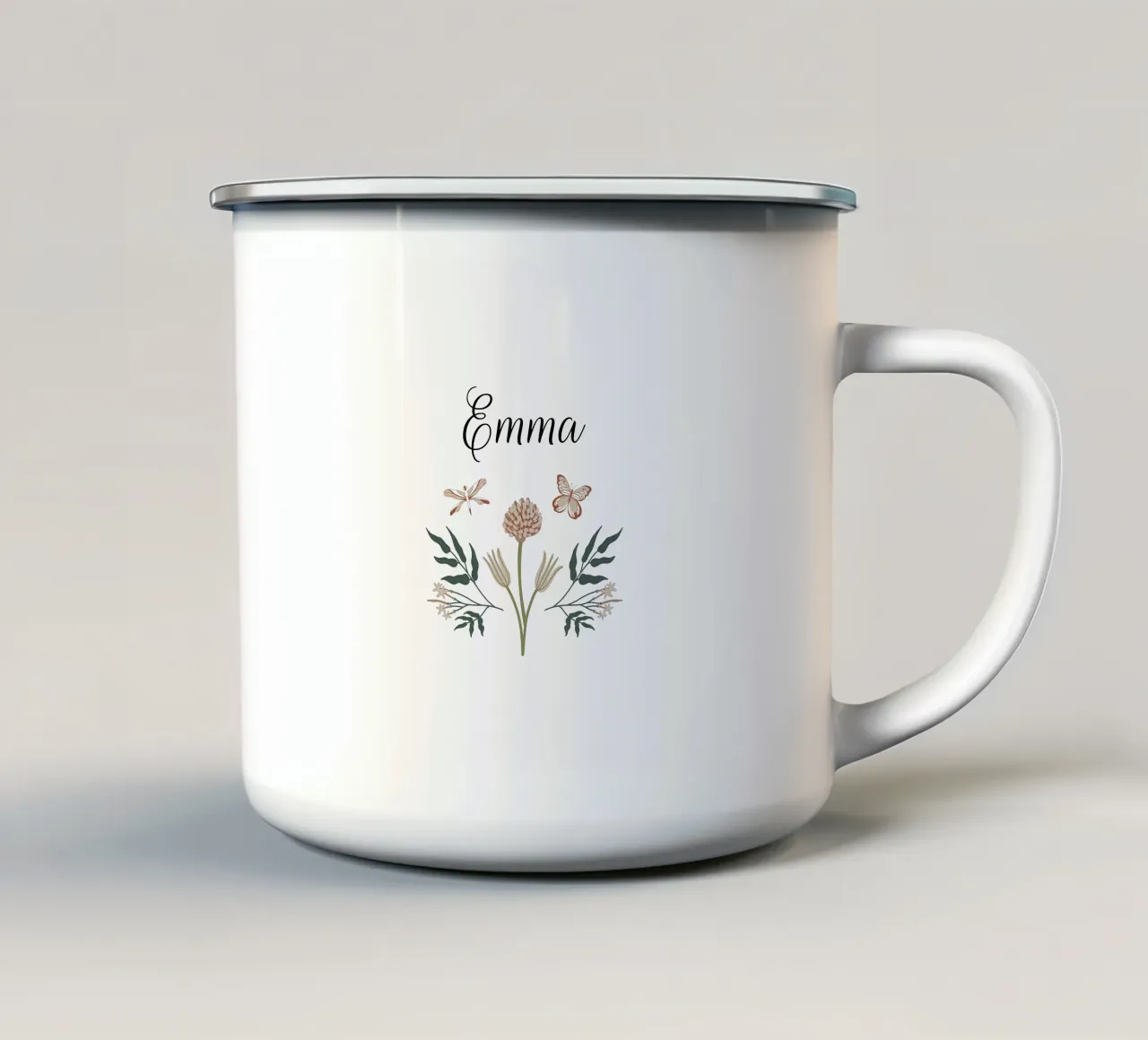 Flowers & Butterflies Bouquet with Name enamel mug by anisillustration