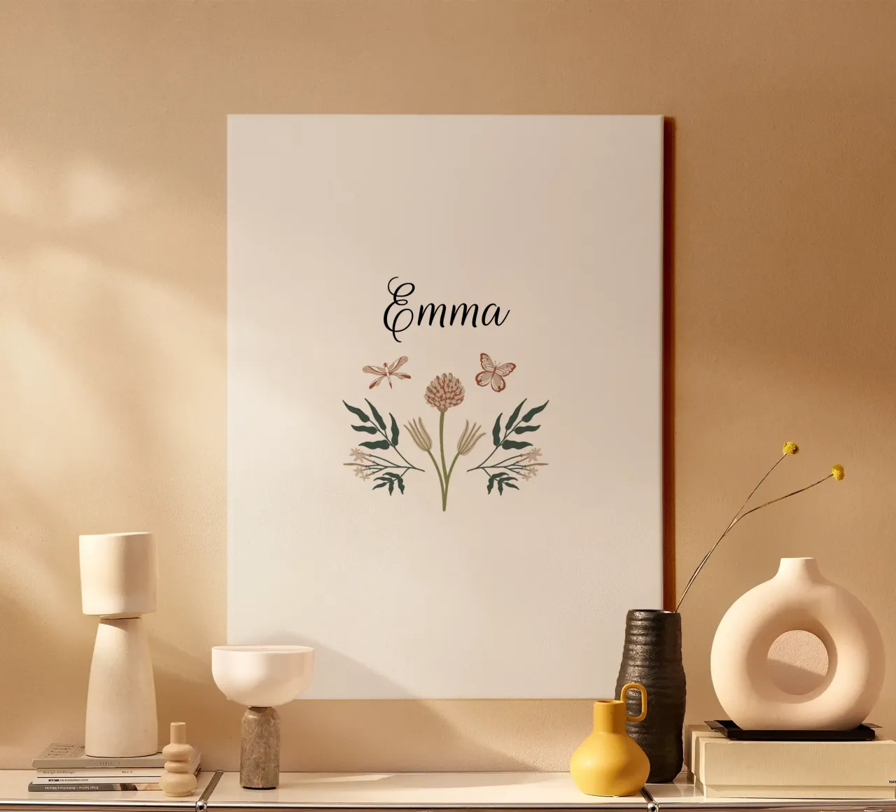 Flowers & Butterflies Bouquet with Name canvas by anisillustration