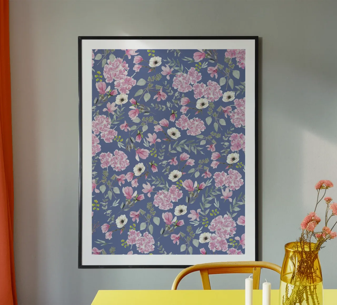 Romantic Floral Pattern Blue poster con telaio in alluminio da anisillustration