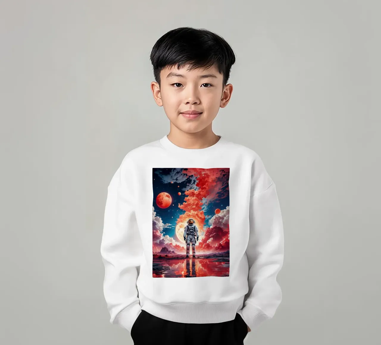Red Space Astronaut Moon kids sweatshirt by Lootprint