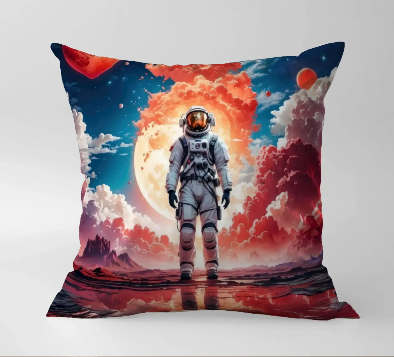 Red Space Astronaut Moon decorative cushion by Lootprint