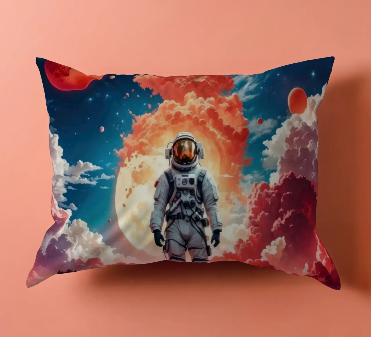 Red Space Astronaut Moon decorative cushion by Lootprint
