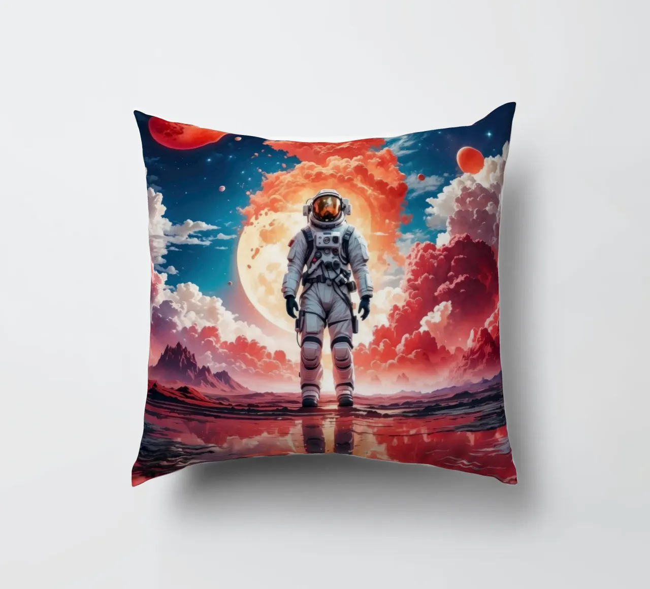 Red Space Astronaut Moon decorative cushion by Lootprint