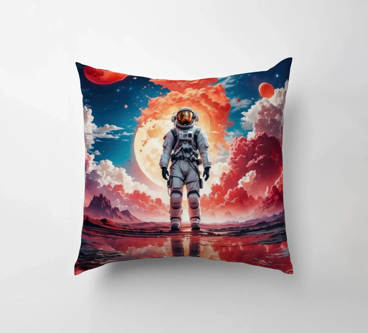 Red Space Astronaut Moon decorative cushion by Lootprint