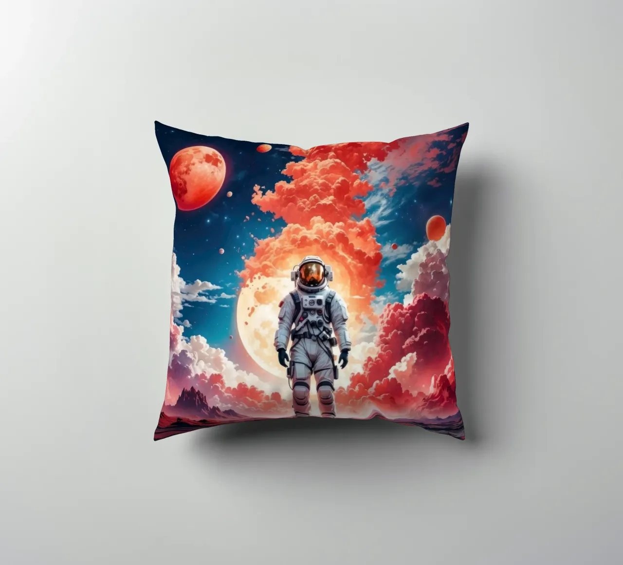 Red Space Astronaut Moon decorative cushion by Lootprint