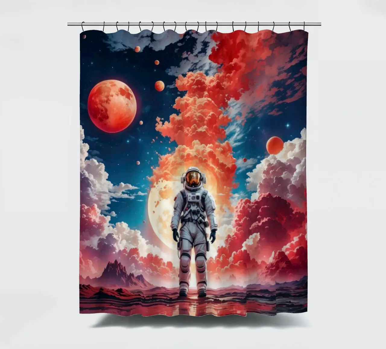 Red Space Astronaut Moon shower curtain by Lootprint