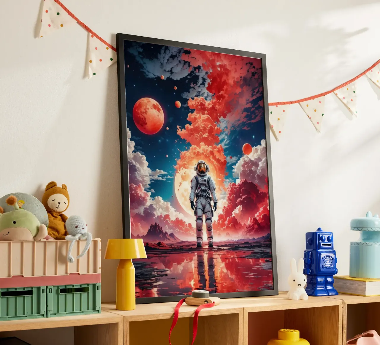 Rode ruimte astronaut maan hahnemühle van Lootprint