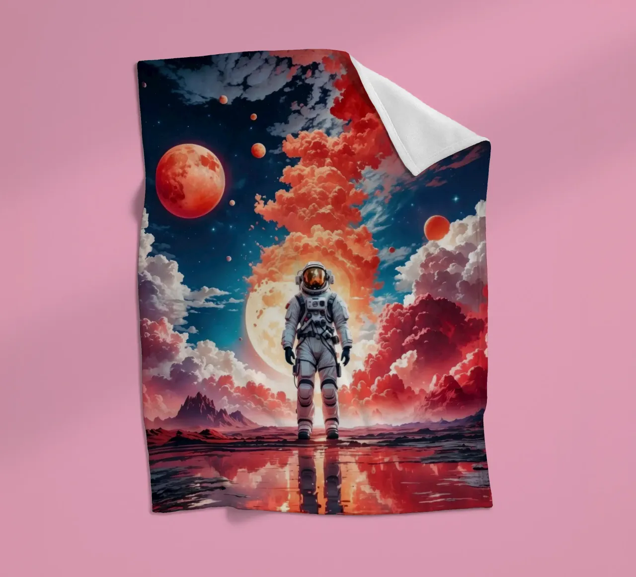 Red Space Astronaut Moon fleece blanket by Lootprint