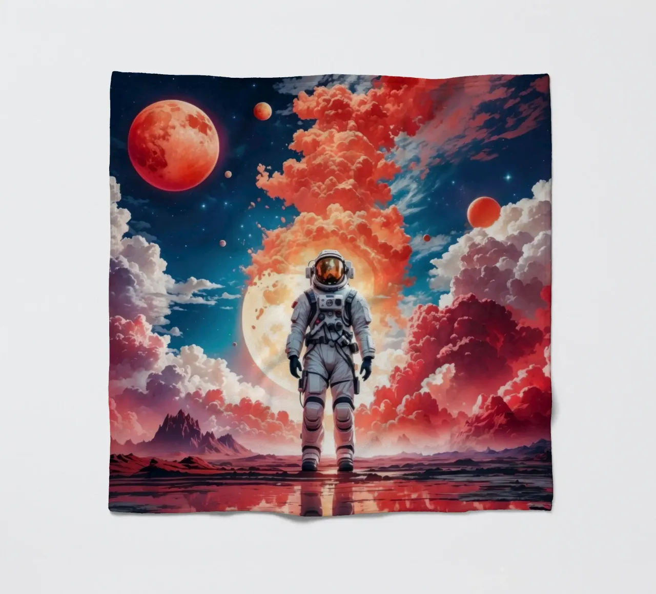 Red Space Astronaut Moon fleece blanket by Lootprint