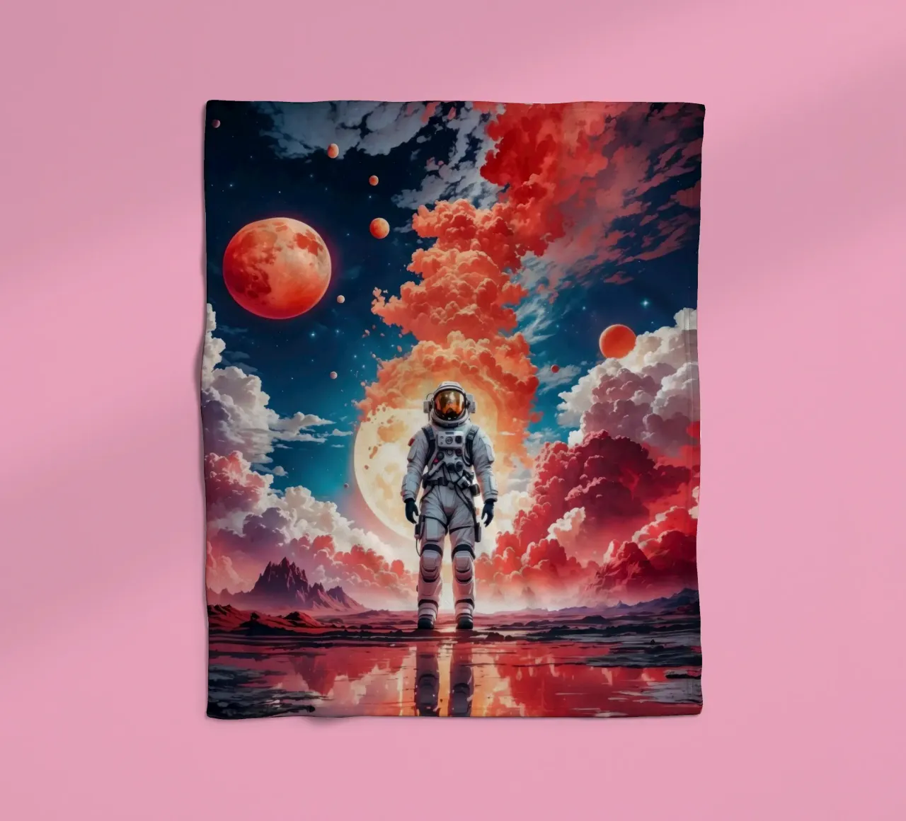 Red Space Astronaut Moon fleece blanket by Lootprint