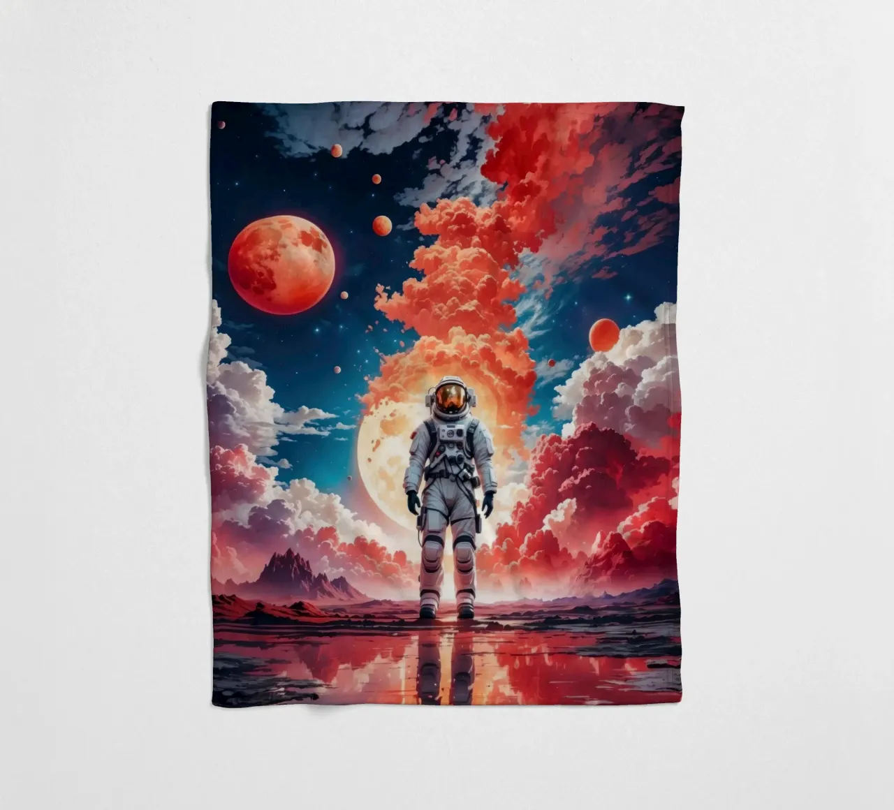 Red Space Astronaut Moon fleece blanket by Lootprint