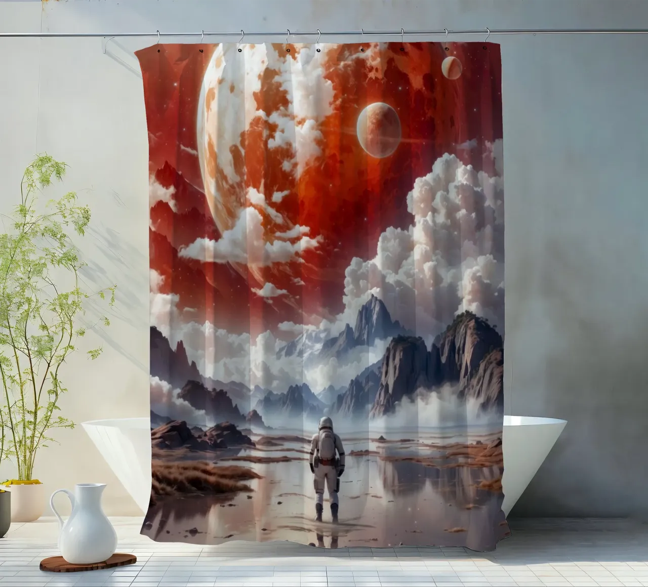 Roter Planet Astronaut Duschvorhang von Lootprint