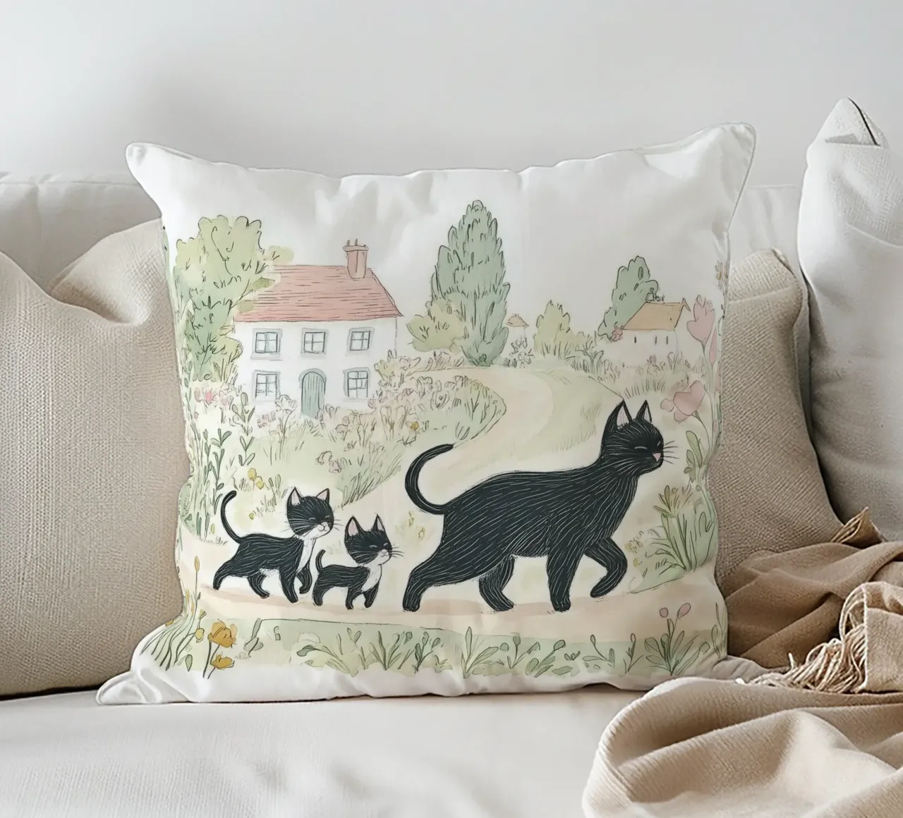 Scena di campagna con gatti neri cuscino da Melloi Art Print