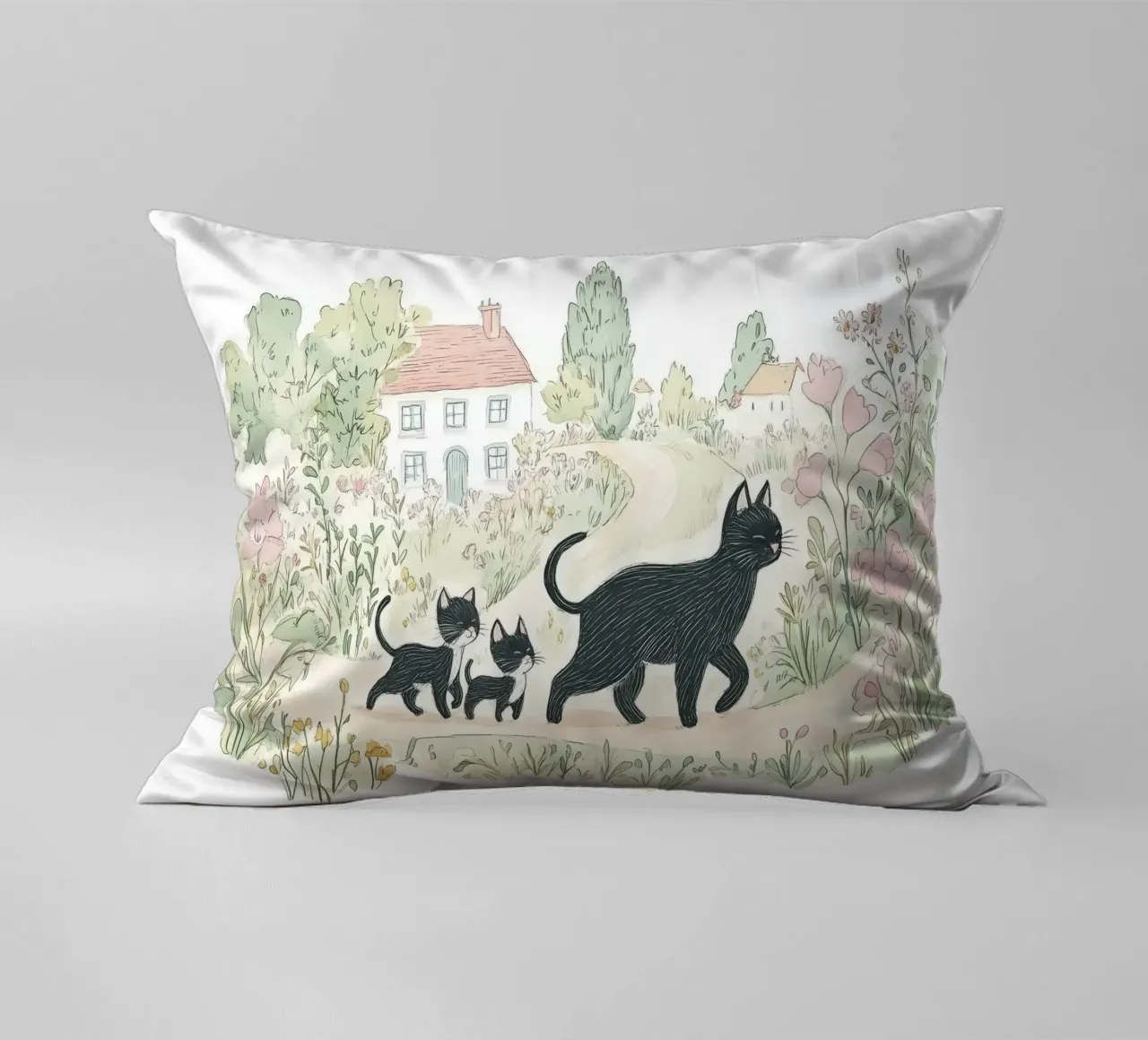 Scena di campagna con gatti neri cuscino da Melloi Art Print