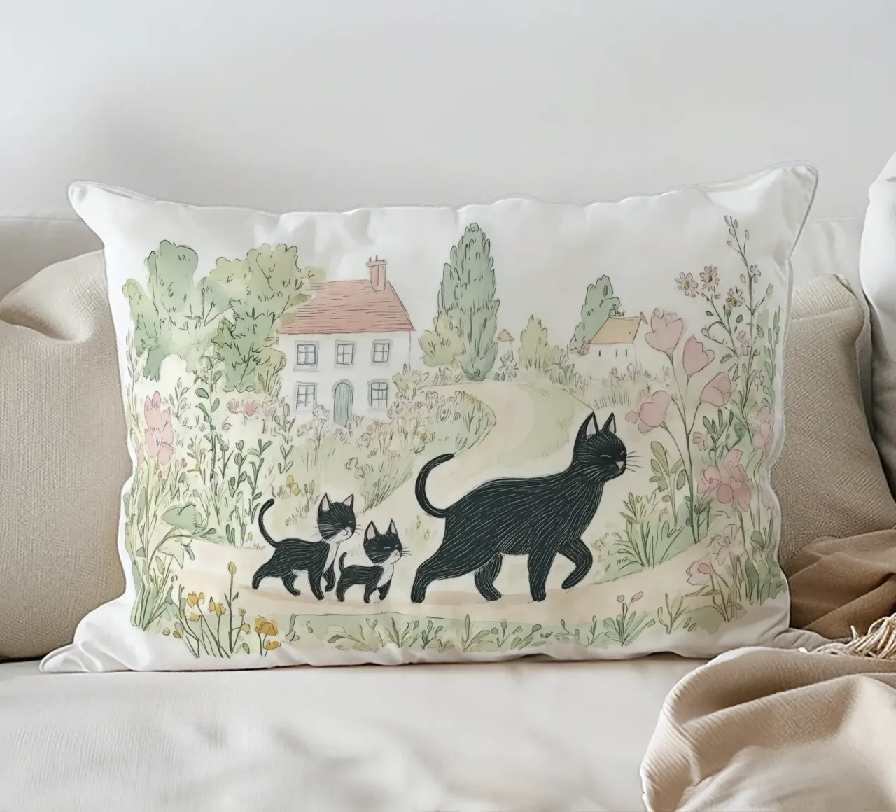 Scena di campagna con gatti neri cuscino da Melloi Art Print
