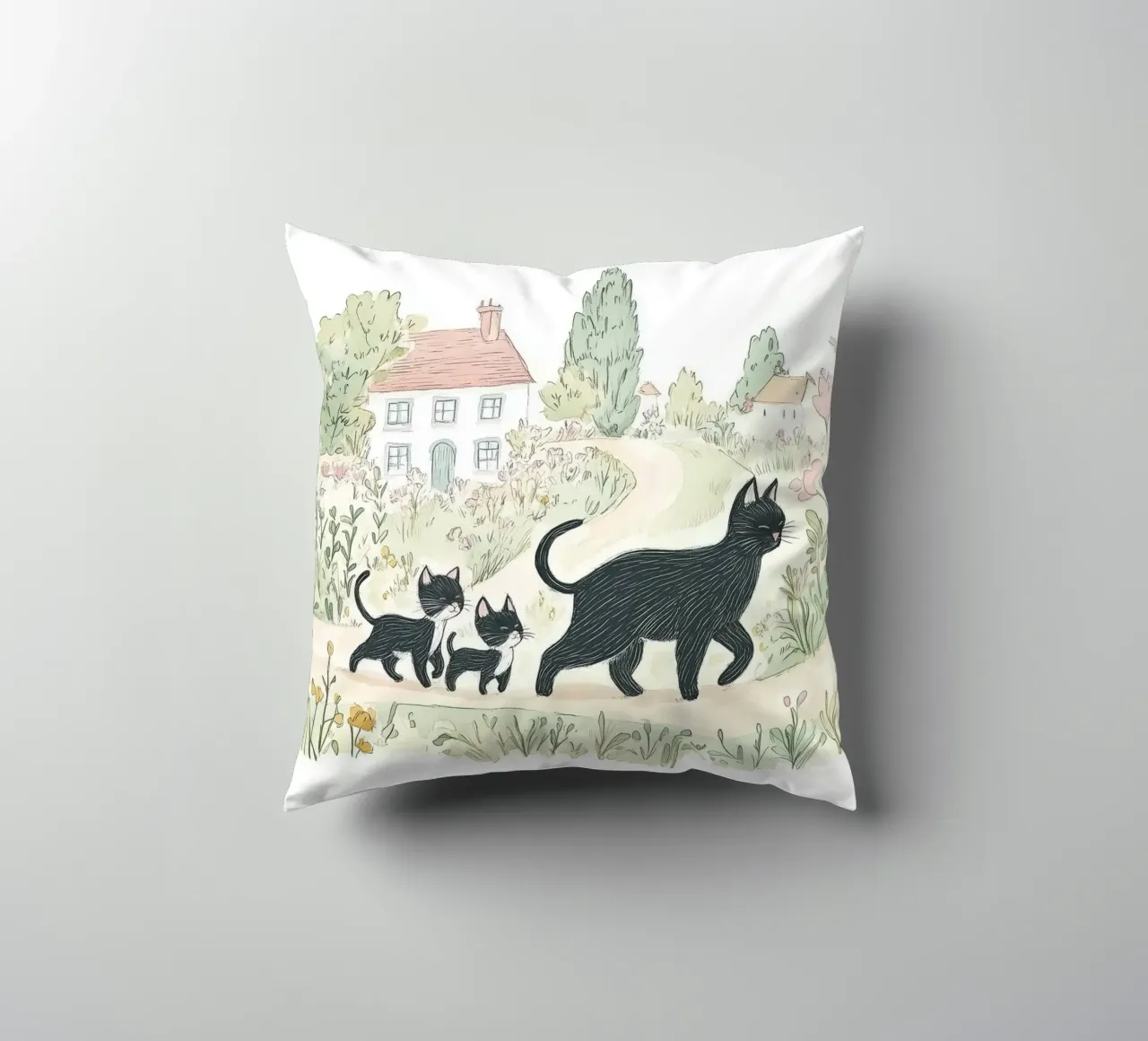 Scena di campagna con gatti neri cuscino da Melloi Art Print