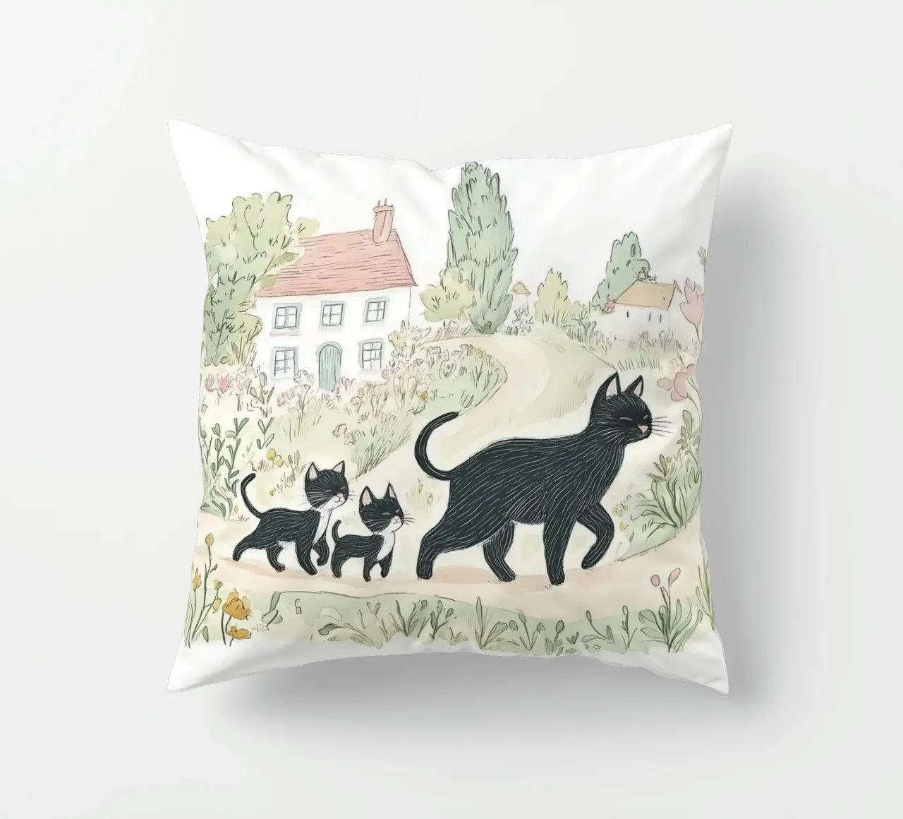 Scena di campagna con gatti neri cuscino da Melloi Art Print