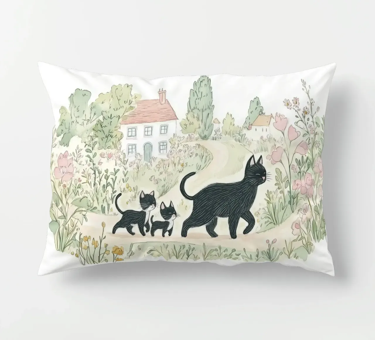 Scena di campagna con gatti neri cuscino da Melloi Art Print