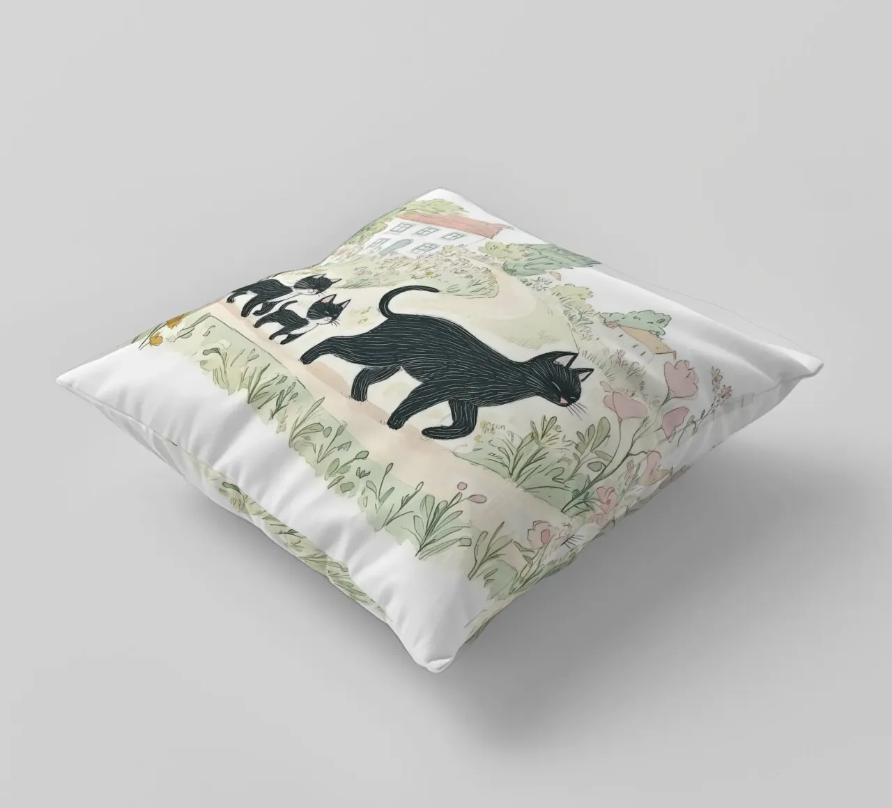 Scena di campagna con gatti neri cuscino da Melloi Art Print