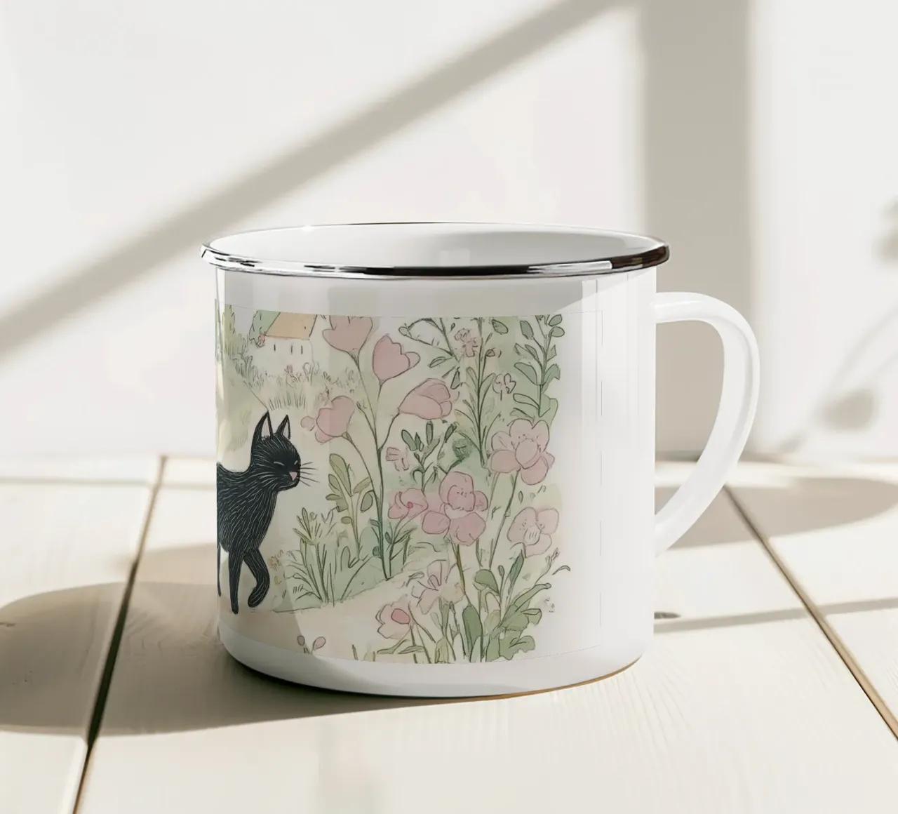 Scena di campagna con gatti neri tazza in smalto da Melloi Art Print